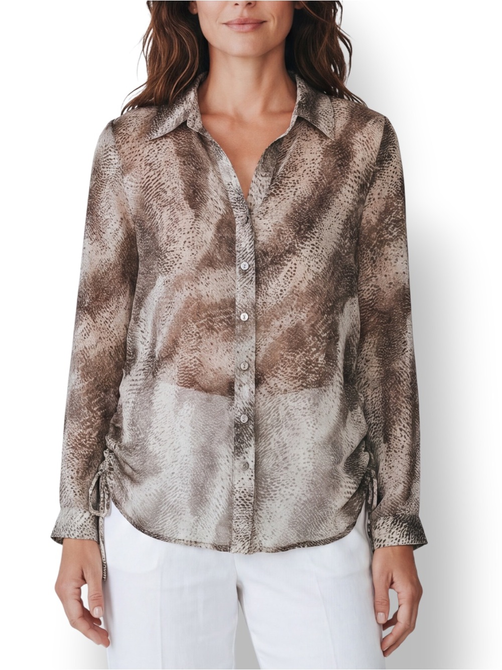 4/$20 Chico’s Animal Print Sheer Button Front Blouse Drawstring Hem Size Small